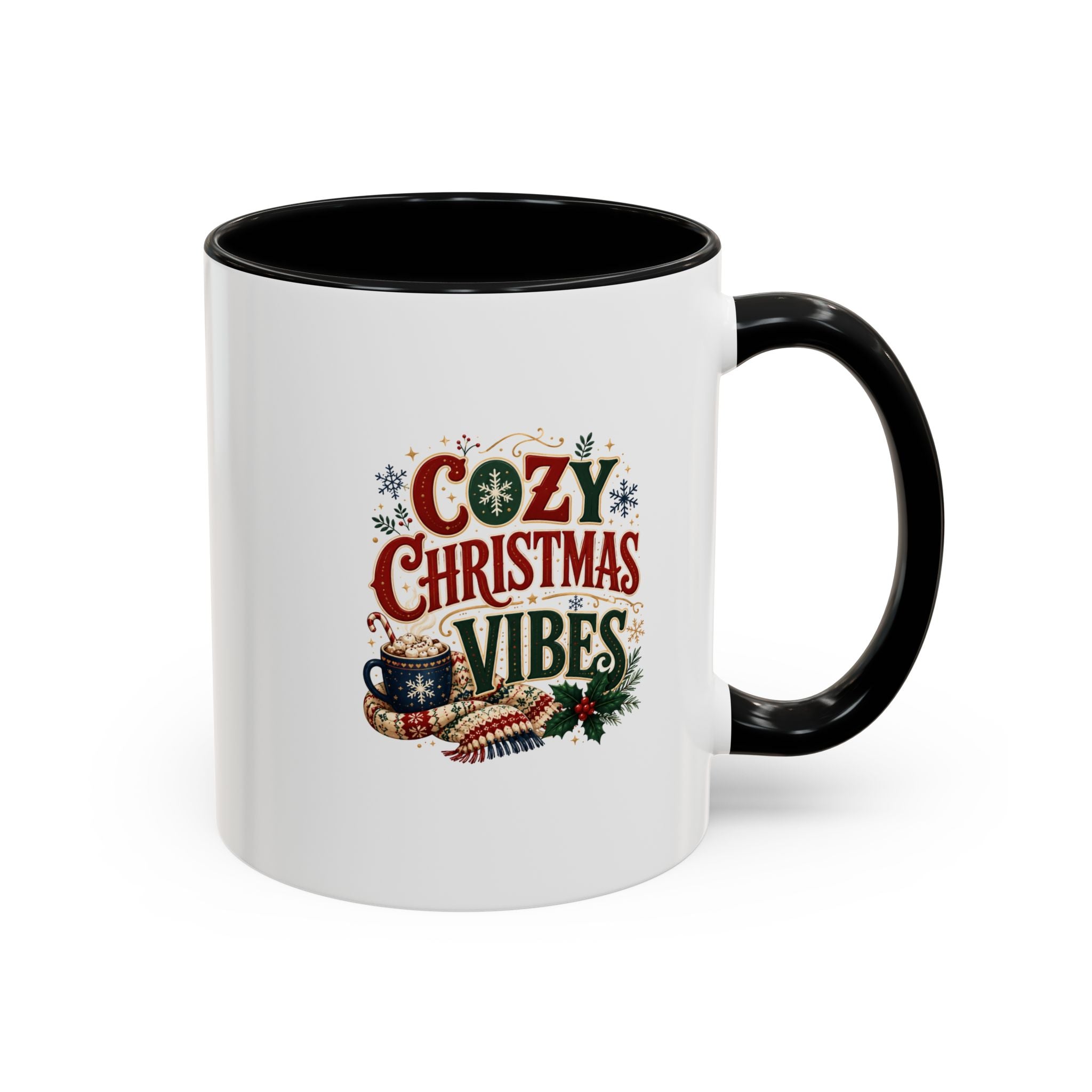 Cozy Christmas Vibes Accent Coffee Mug — Holiday Hot Cocoa Mug
