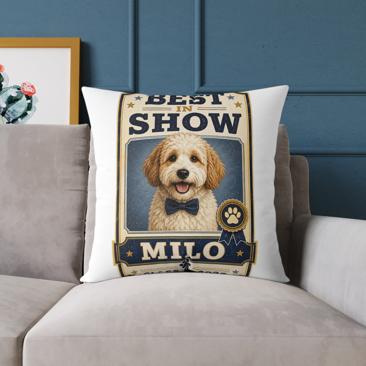 Dog Portrait Pillow -  Milo Bailey Dog Dad Mom "Best in Show" Personalized Milo Square Throw Pillow