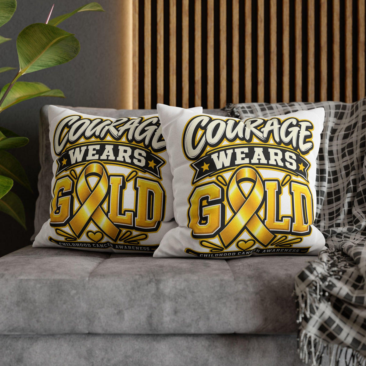 Courage Wears Gold Pillowcase – Childhood Cancer Awareness Cushion Cover