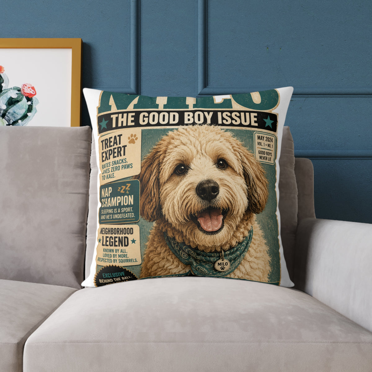 Milo Bailey Dog Dad Mom Square Pillow — 'The Good Boy Issue' Vintage Dog Cover