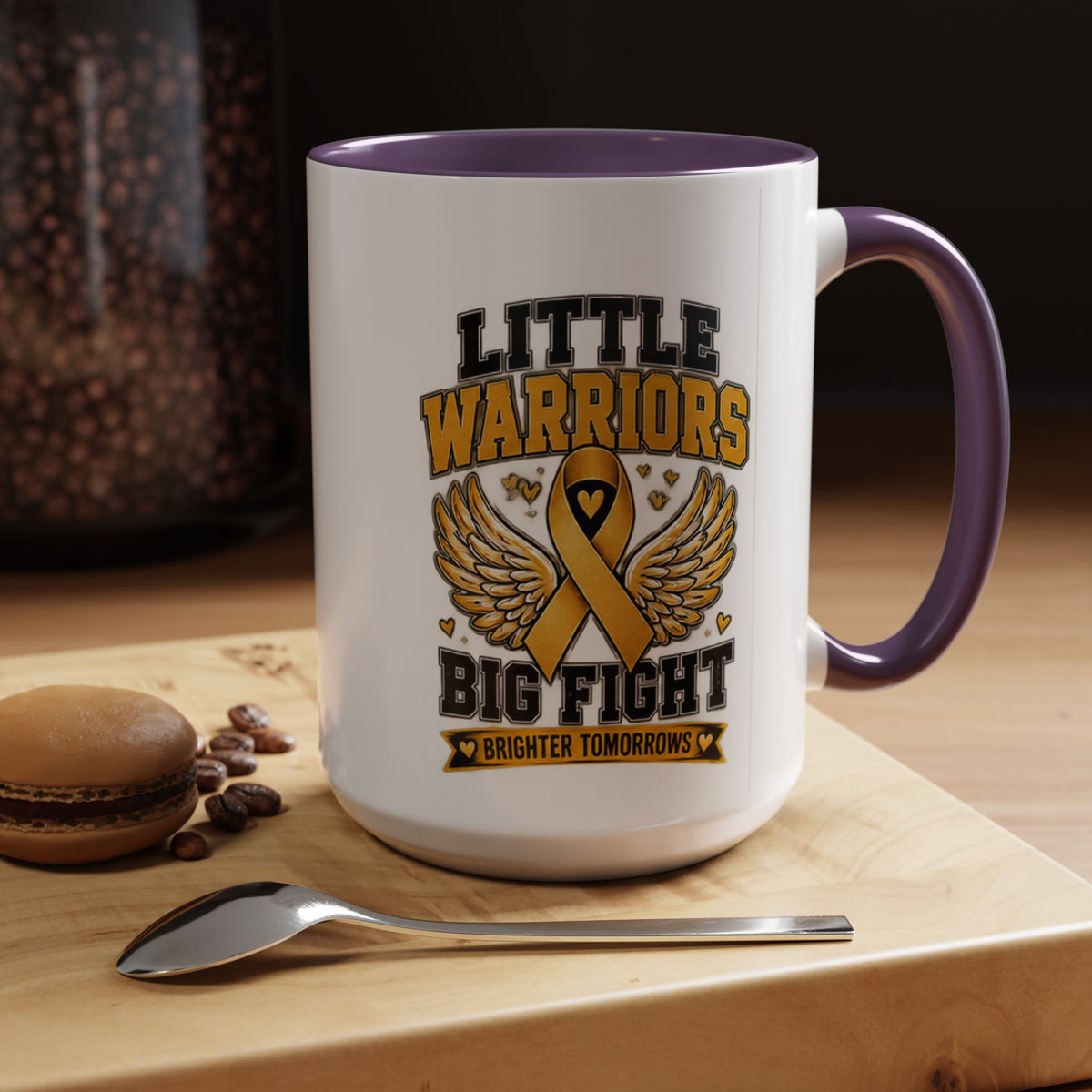 Little Warriors Big Fight Childhood Cancer Awareness Coffee Mug — Gold Ribbon Support Accent Mug