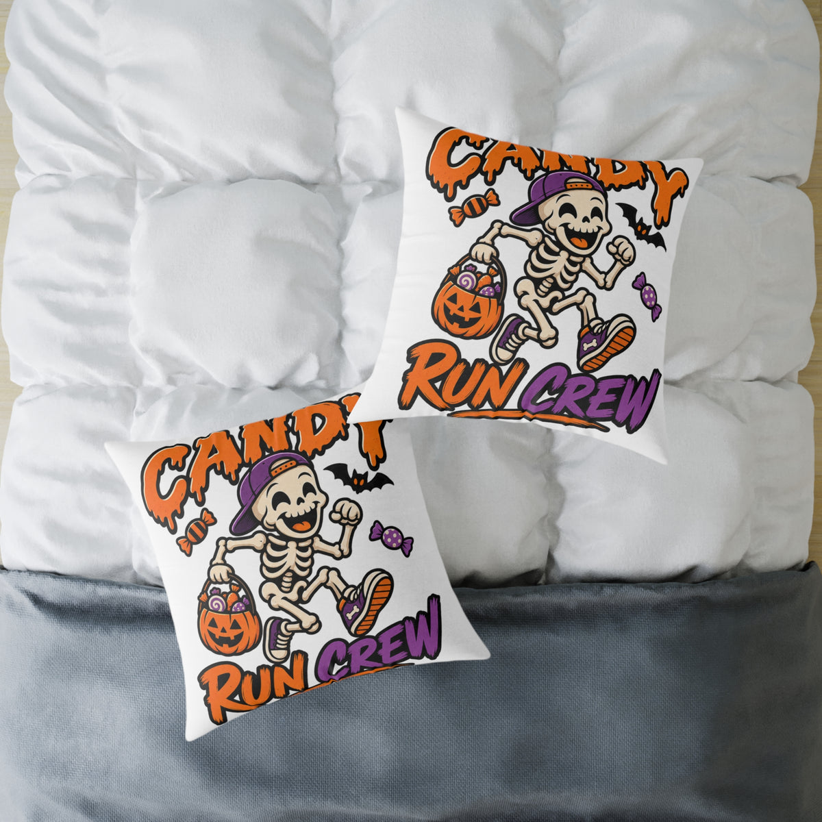 Candy Run Crew Halloween Pillow — Skeleton Trick-or-Treat Decorative Throw Pillow