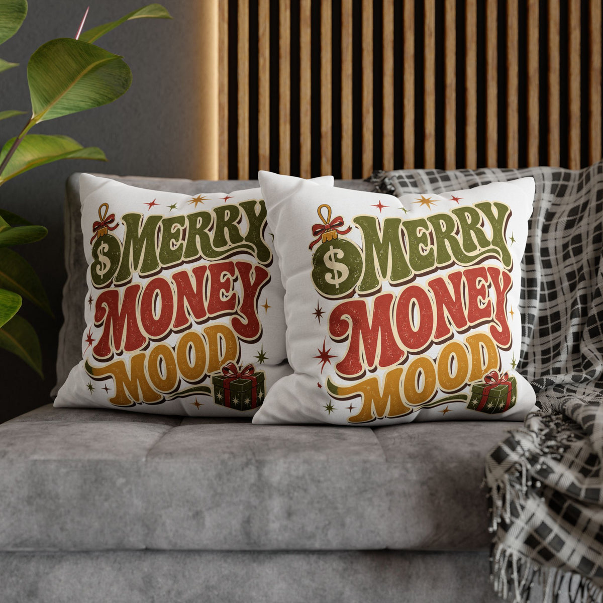 Merry Money Mood Pillowcase Modern Day Christmas — Festive Holiday Decorative Throw Pillow Cover