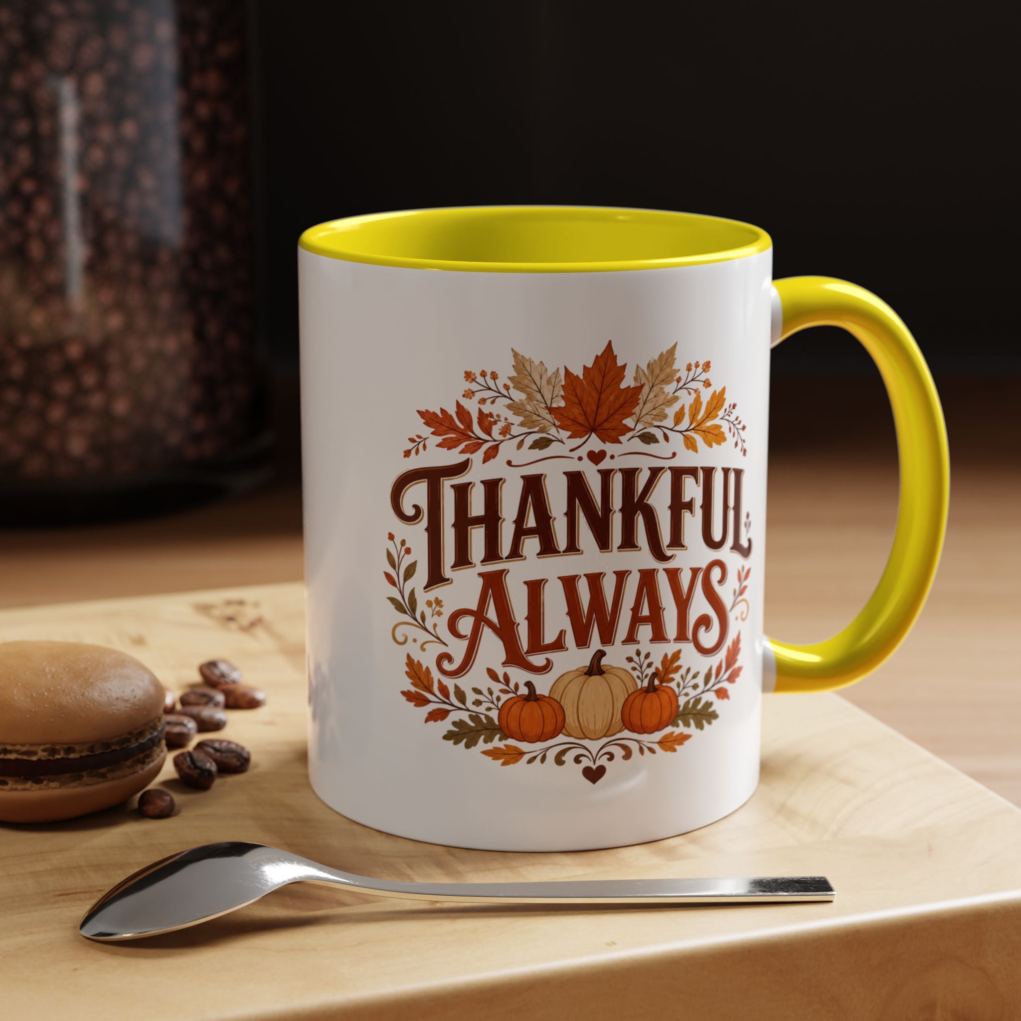 Thanksgiving Mug Thankful Always Accent Coffee Mug — Fall Pumpkin & Leaves Thanksgiving Gift