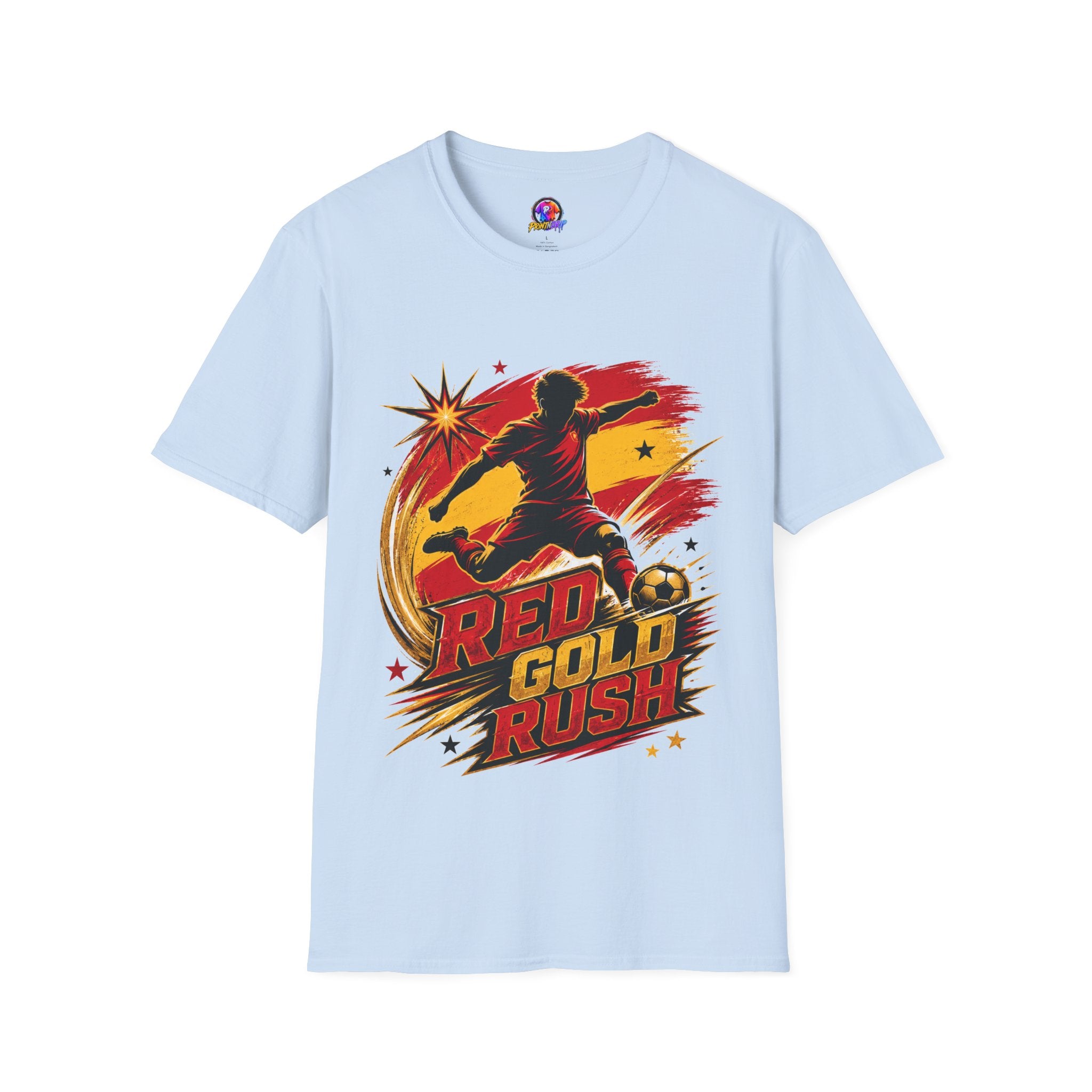 Spain Red & Gold Rush Soccer T-Shirt — Retro Soccer Player Graphic