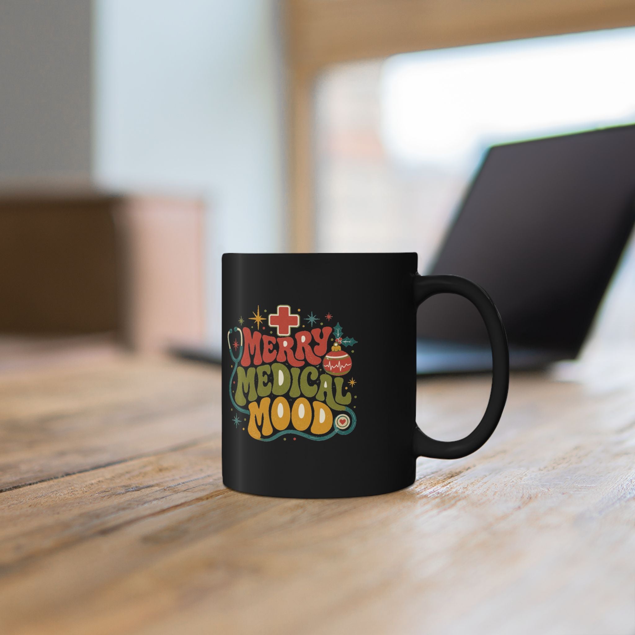 Modern Day Christmas Merry Medical Mood Black Mug — Holiday Nurse Doctor Coffee Cup