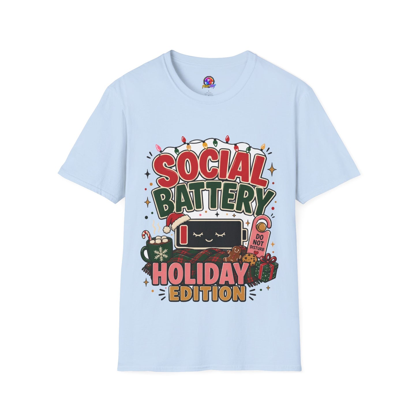 Social Battery Holiday T‑Shirt — Funny Christmas Recharge Graphic Tee