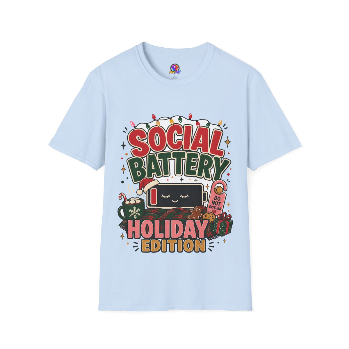 Social Battery Holiday T‑Shirt — Funny Christmas Recharge Graphic Tee