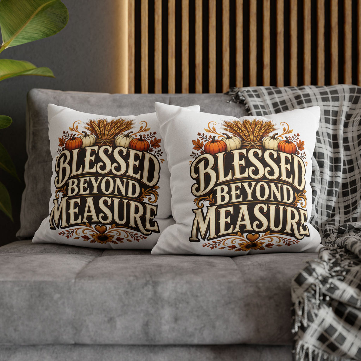 Thanksgiving Blessed Beyond Measure Fall Pillowcase — Autumn Pumpkin & Wheat Decorative Pillow