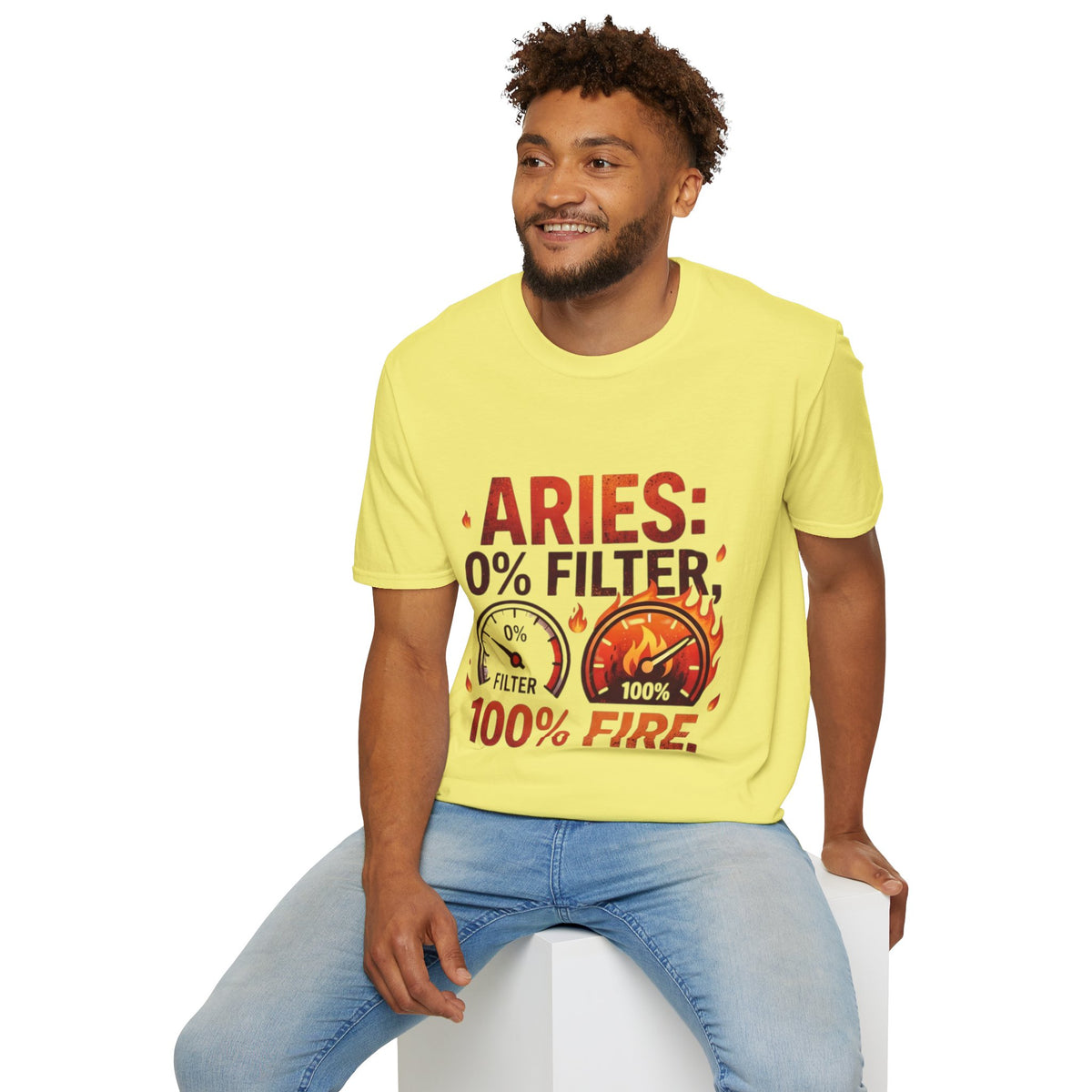 Aries T-Shirt — "Aries: 0% Filter, 100% Fire" Bold Zodiac Tee