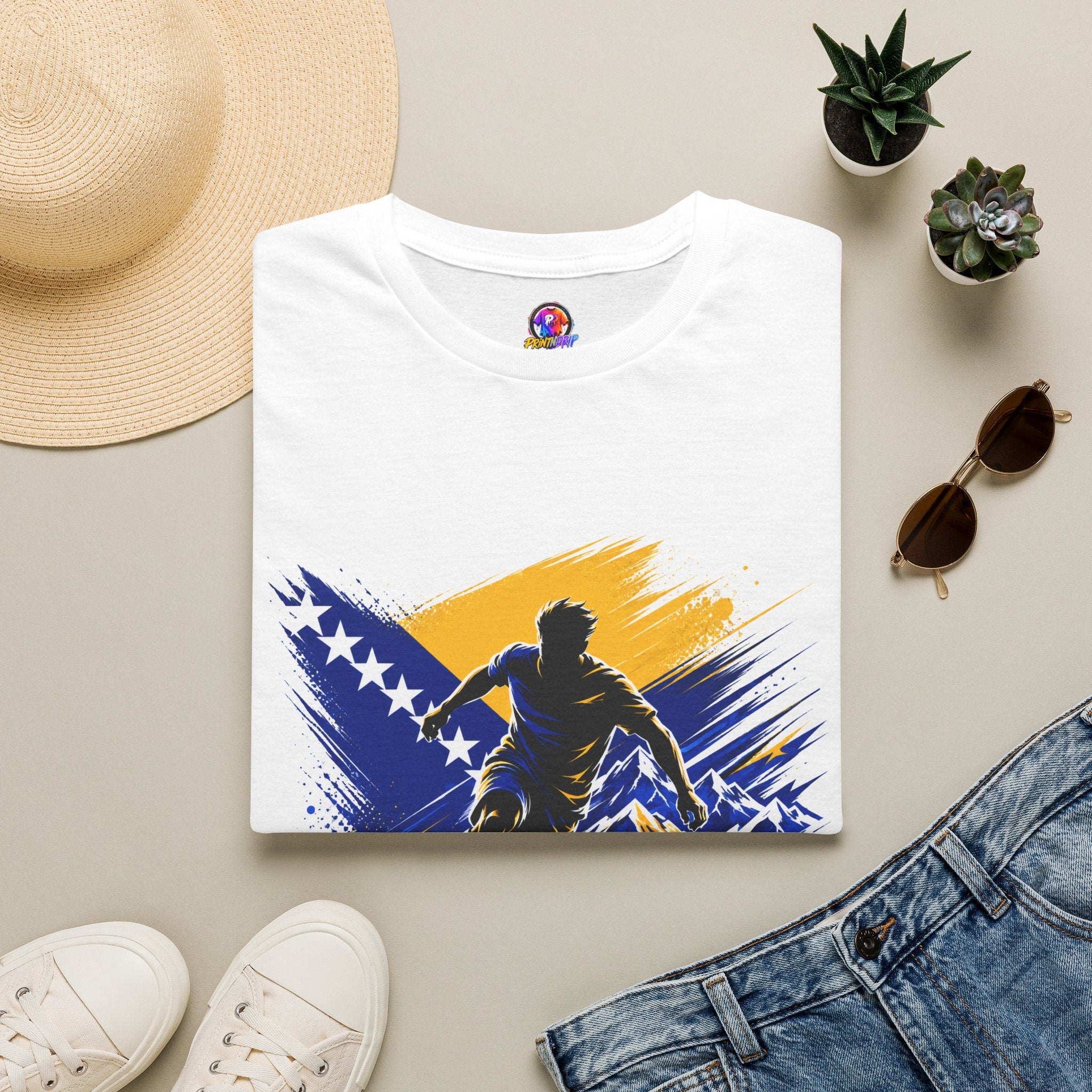 Bosnia Football T‑Shirt - "Blue Gold Rise" Soccer Graphic Tee