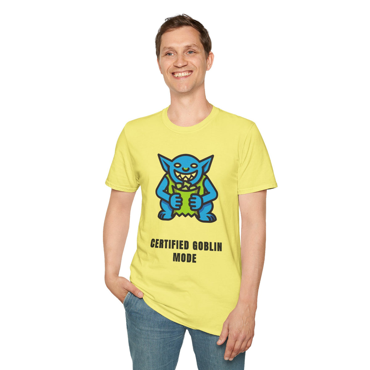 Gritty Goblin Graphic Tee - Cute Blue Goblin "Destined Goblin Mode" T-Shirt - Trending Now - September 2026