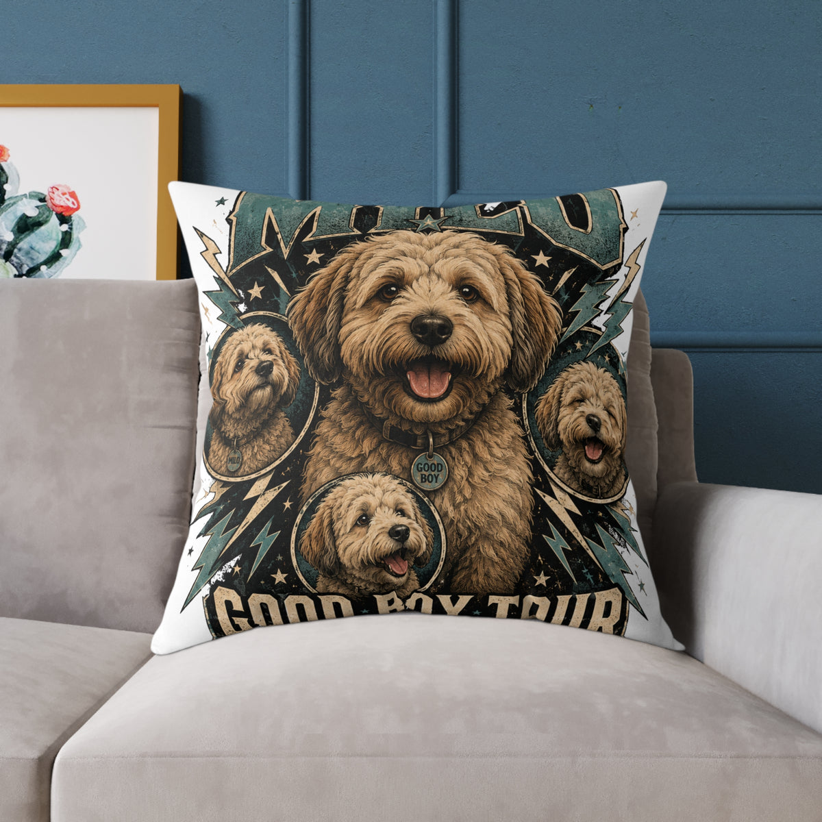 Milo Golden Doodle Band Tour Square Pillow  Milo Bailey Dog Dad Mom— Retro Dog Portrait Decorative Throw