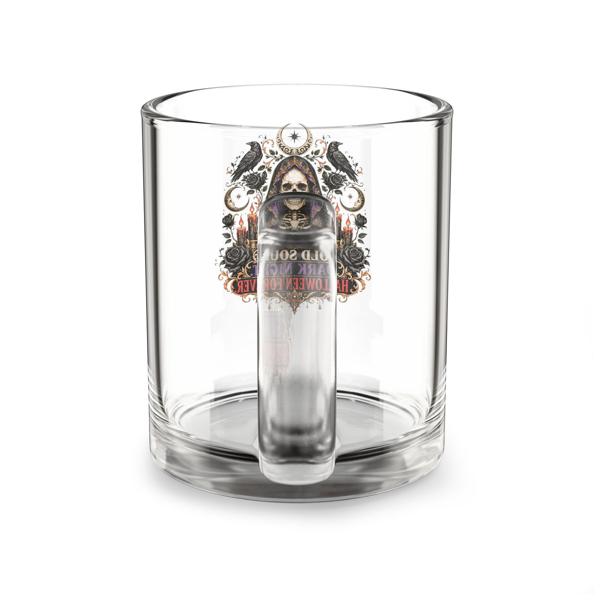 Halloween Glass Mug 10 oz  Halloween Skull Glass Mug — "Old Soul, Dark Knight, Halloween Forever" 10oz