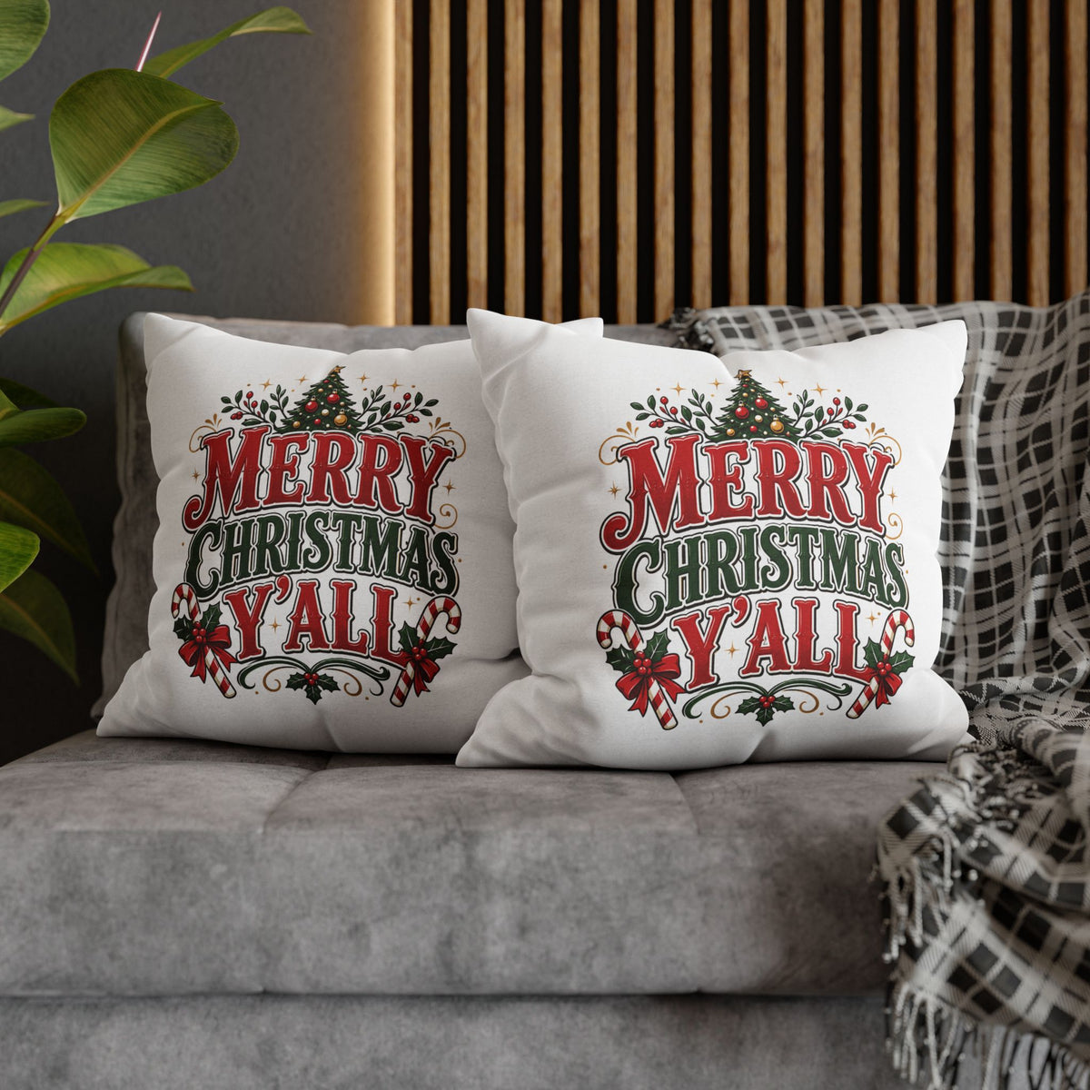 Christmas Square Pillowcase — Merry Christmas Y'all Holiday Decorative Pillow