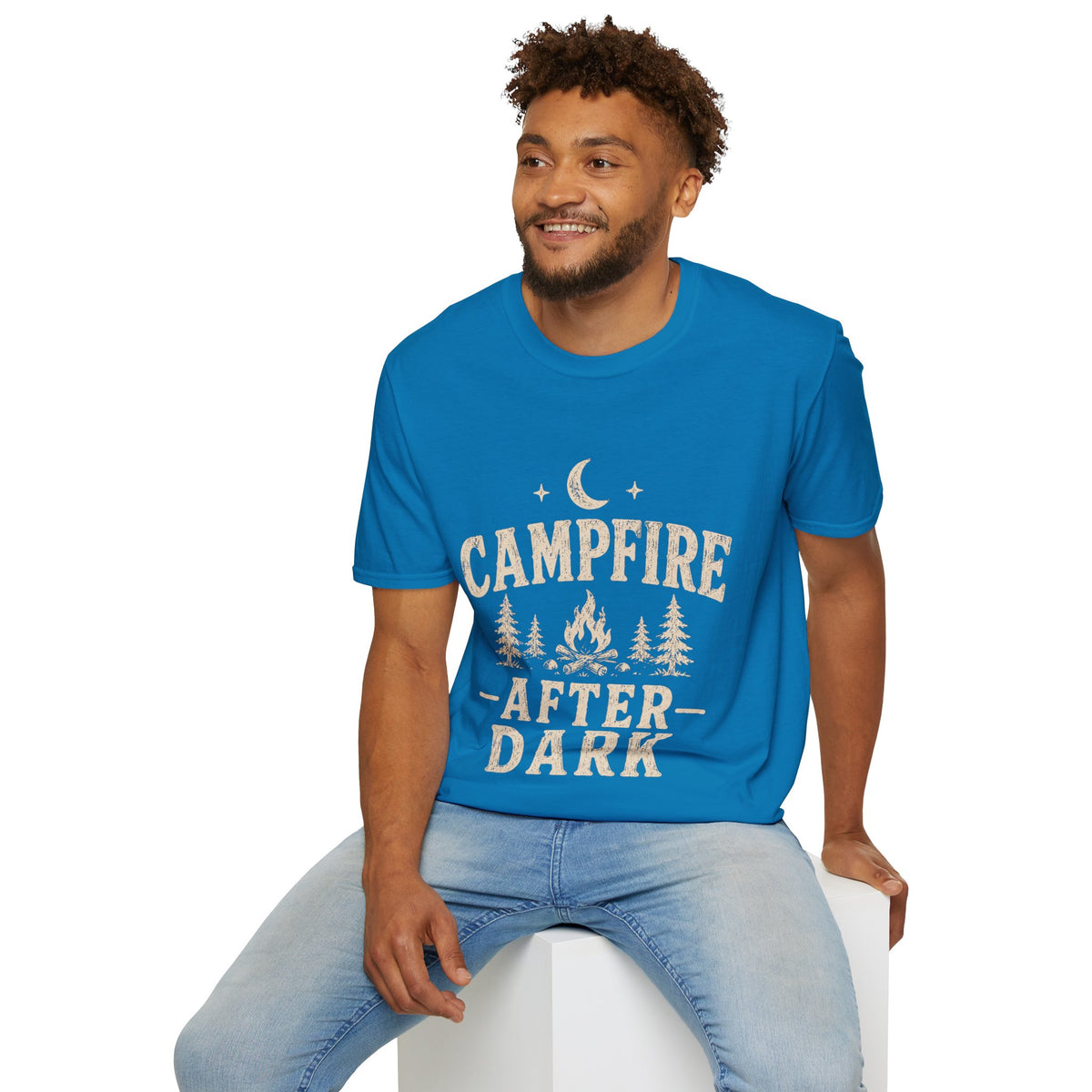 Campfire After Dark T-Shirt — Cozy Camping Moon & Trees Graphic