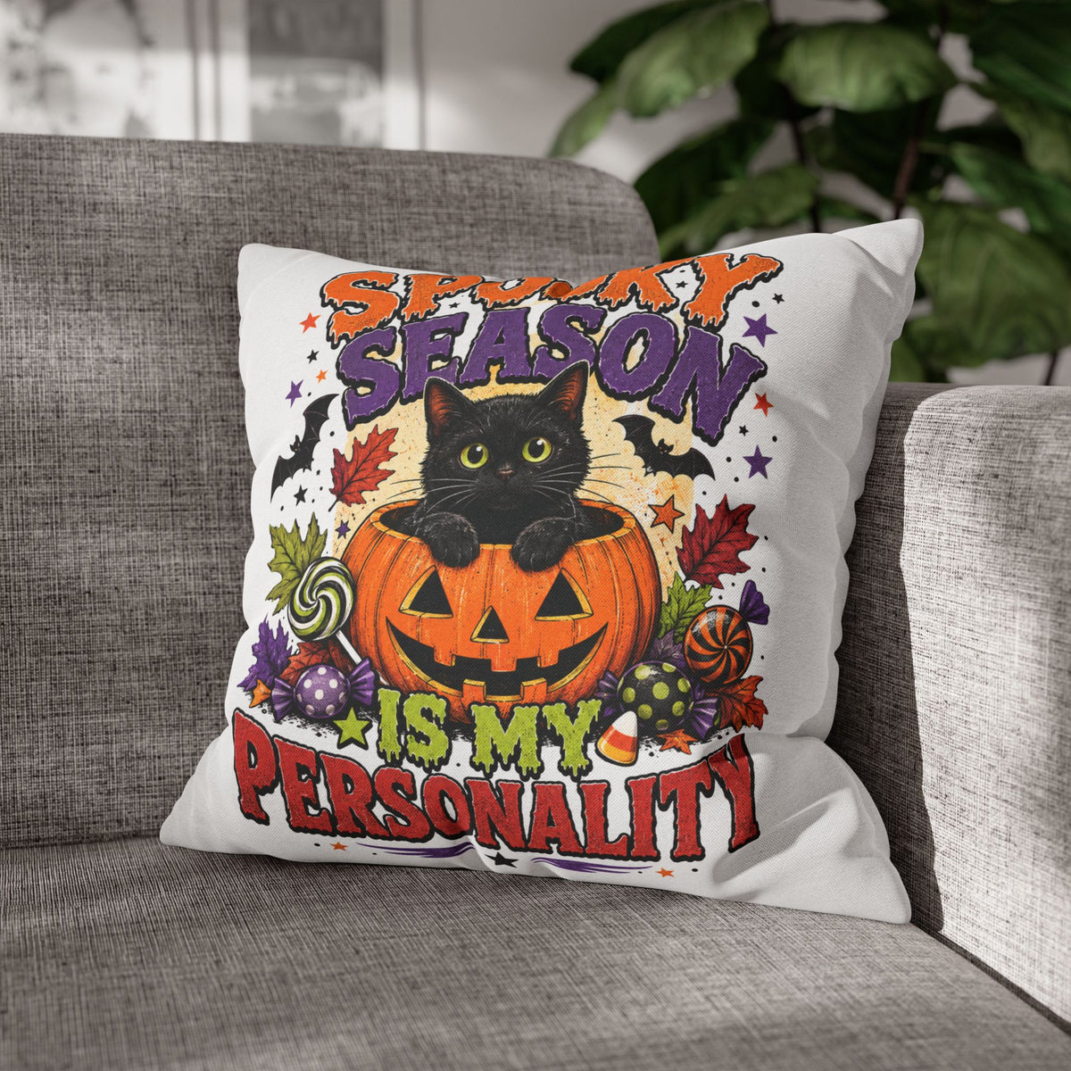 Halloween Pillowcase — "Spooky Season Is My Personality" Black Cat & Pumpkin Decorative Pillow Cover
