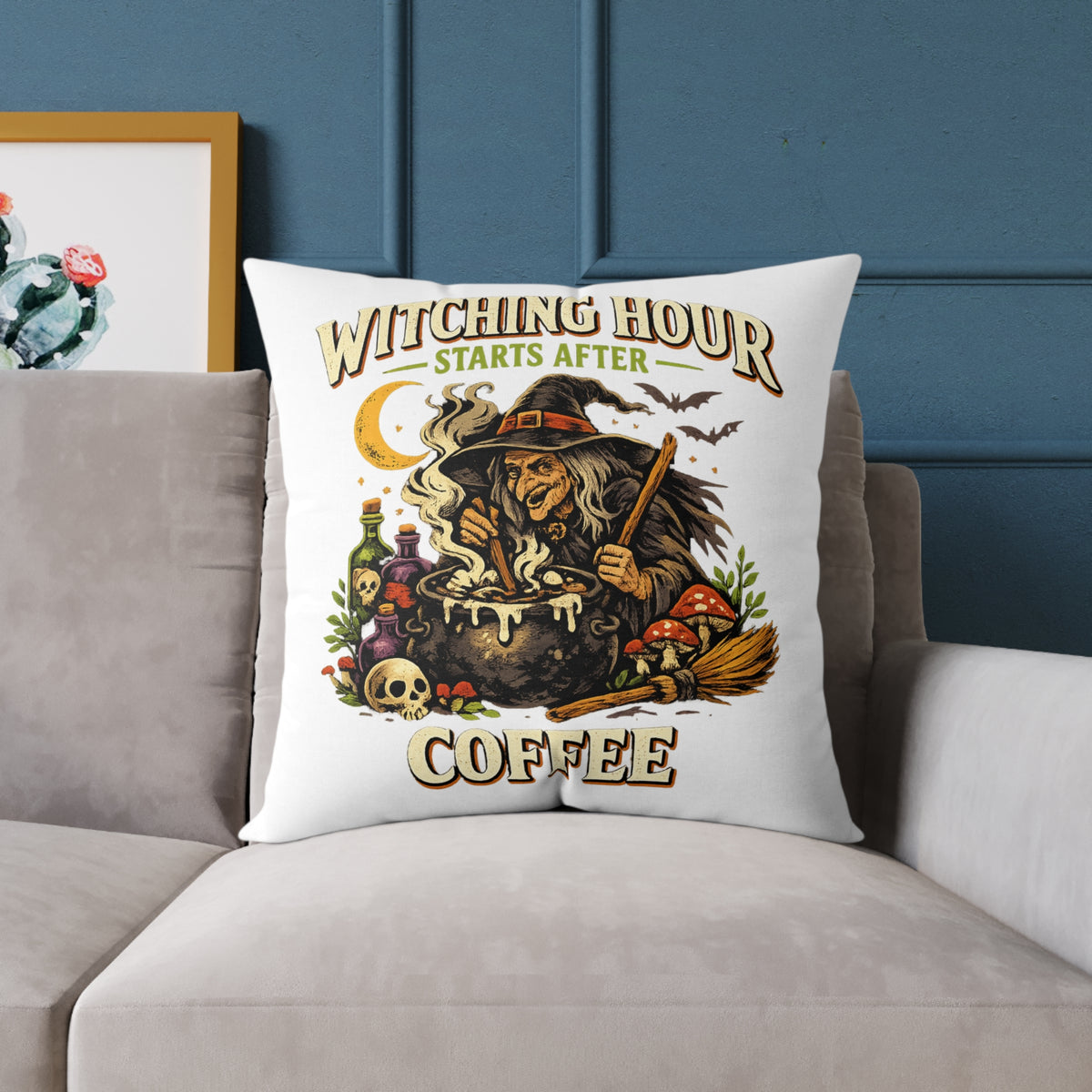 Halloween Witch Coffee Pillow — "Witching Hour Starts After Coffee" Square Throw Pillow