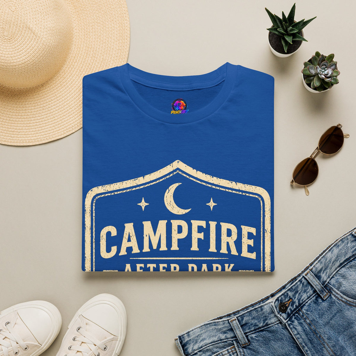 Campfire After Dark T-Shirt — Retro Camping Badge Tee for Outdoor Lovers