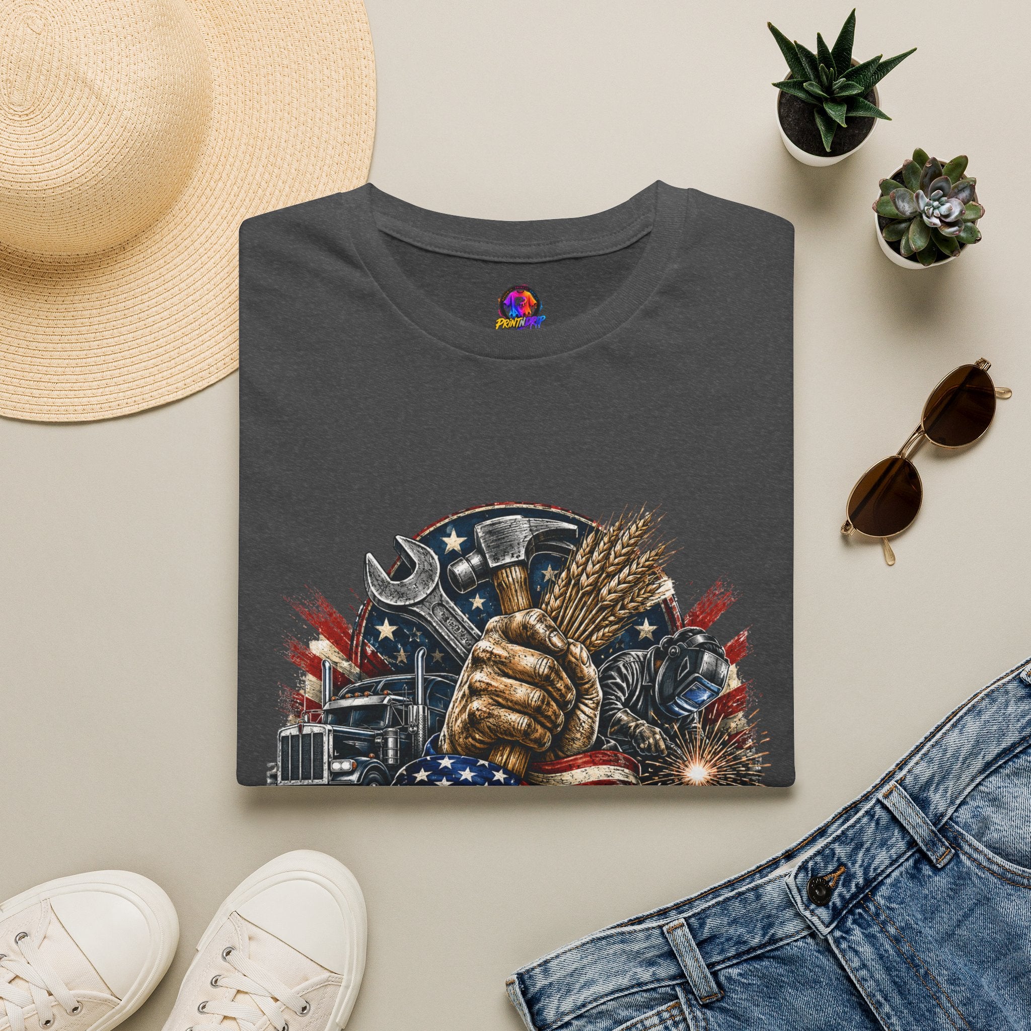 Freedom Runs on Working Hands T-Shirt — Patriotic Mechanic Tool & Wheat Design