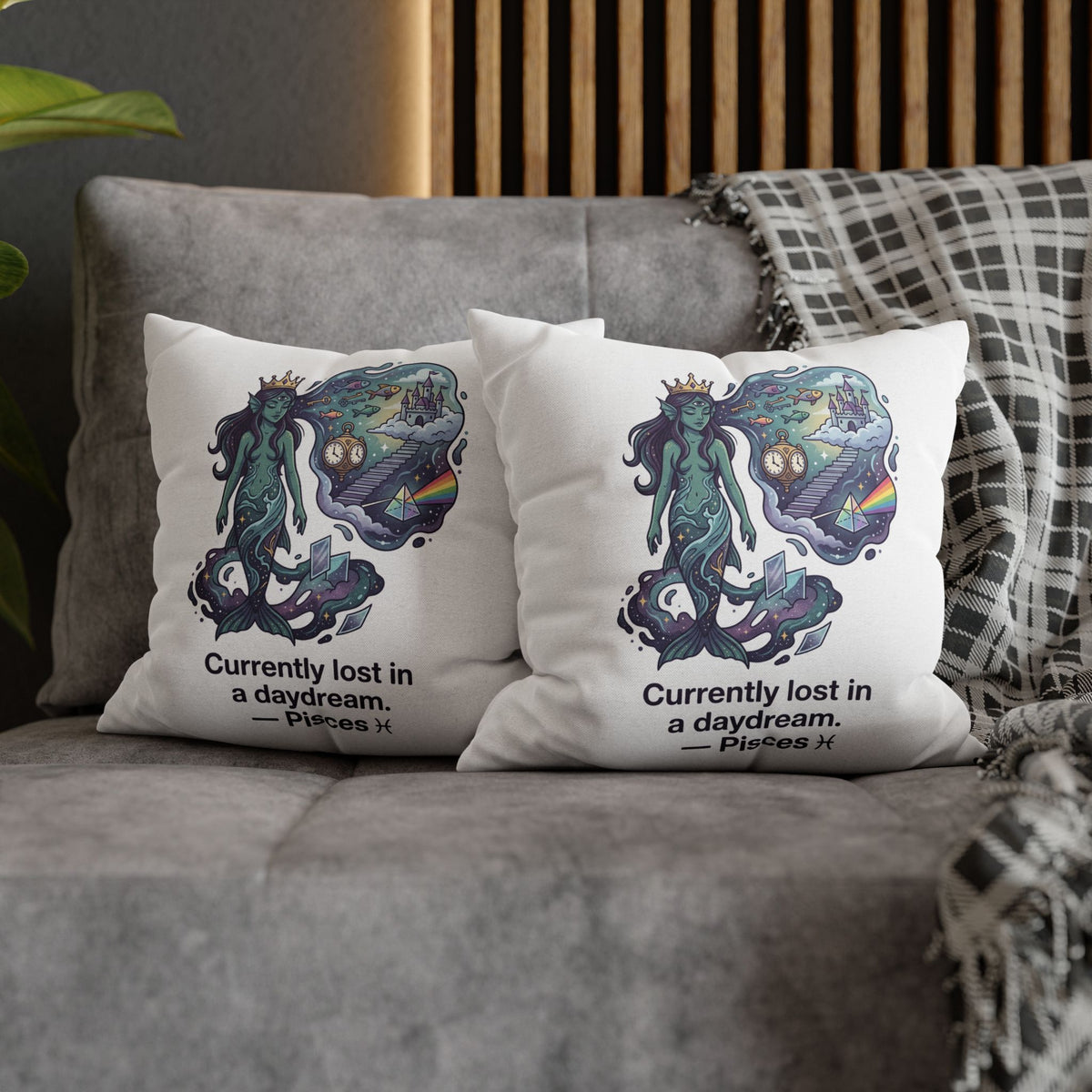 Pisces Mermaid Pillowcase — "Currently Lost in a Daydream" Decorative Throw Pillow