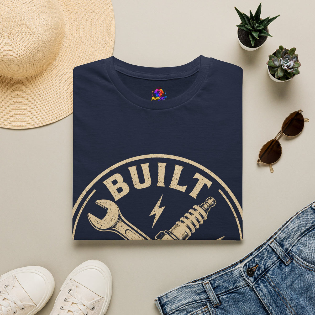 Built Not Bought T-Shirt — Vintage Mechanic Wrench & Spark Plug Design