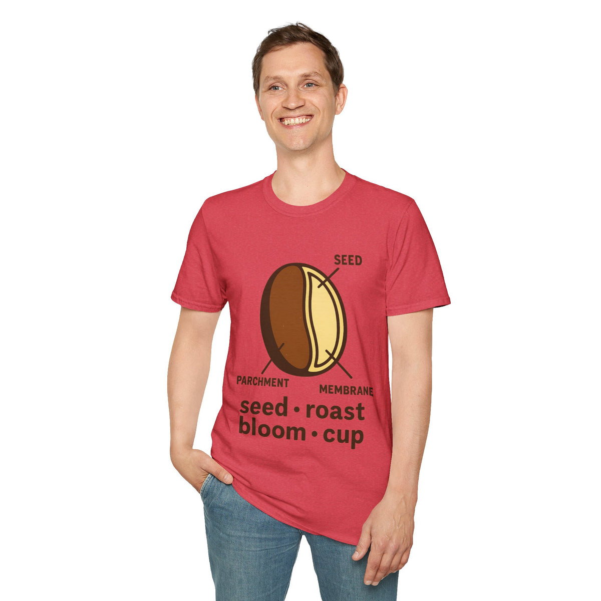 "Seed Roast Bloom Cup" Coffee Bean Graphic Tee - Minimalist Barista Aesthetic White T-Shirt - Trending Now - September 2026