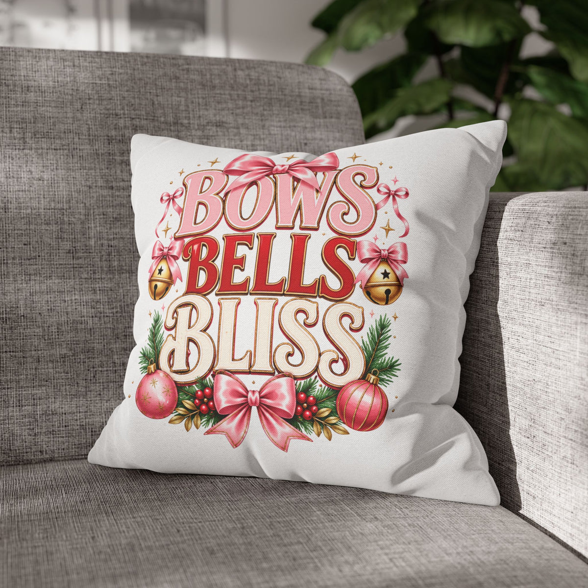 Christmas Bows Bells Bliss Decorative Pillowcase — Pink Christmas Holiday Throw Pillow Cover