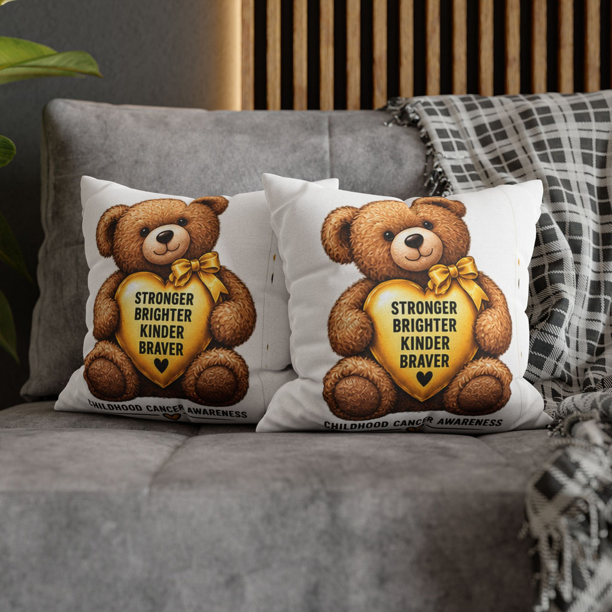 Childhood Cancer Awareness Bear Square Pillowcase – Stronger Brighter Kinder Braver