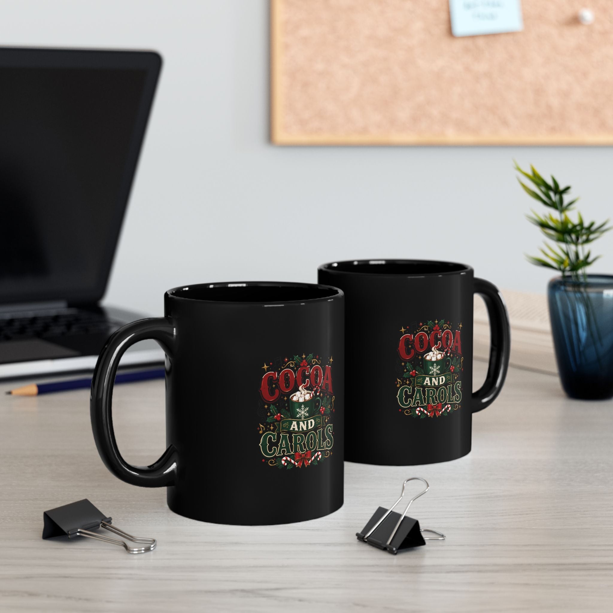 Cocoa and Carols Black Mug — Holiday Hot Chocolate Christmas Coffee Cup