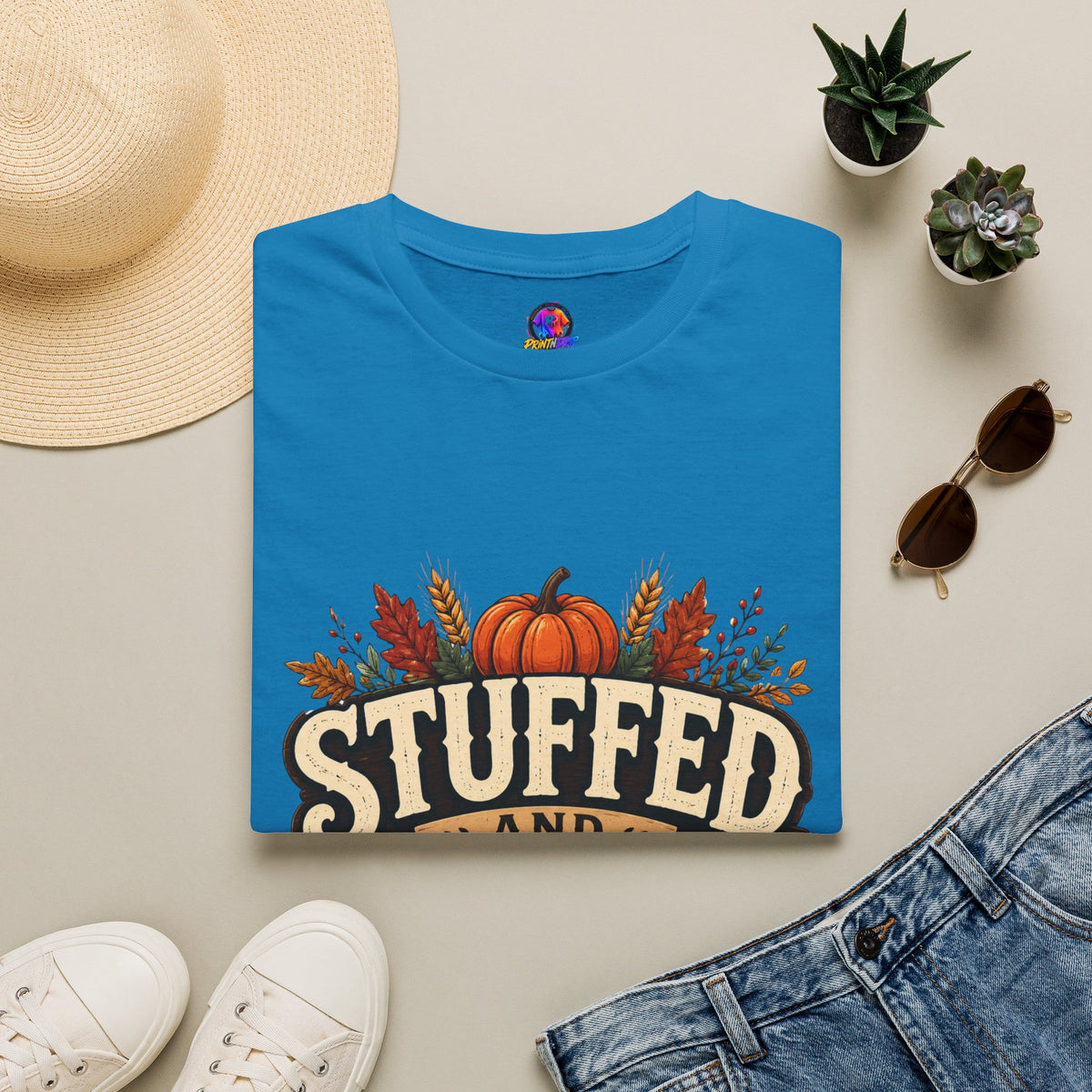 Thanksgiving T-Shirt Stuffed and Thankful T-Shirt — Thanksgiving Pumpkin Fall Graphic Tee