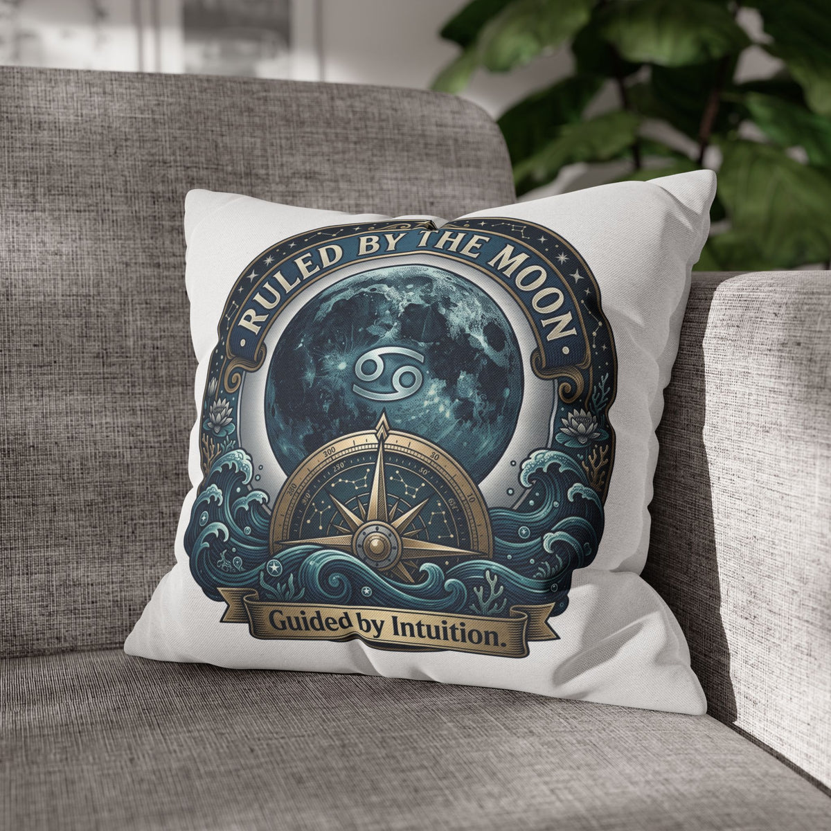 Ruled by the Moon Cancer Zodiac Pillowcase — 'Guided by Intuition' Decorative Throw Pillow Cover