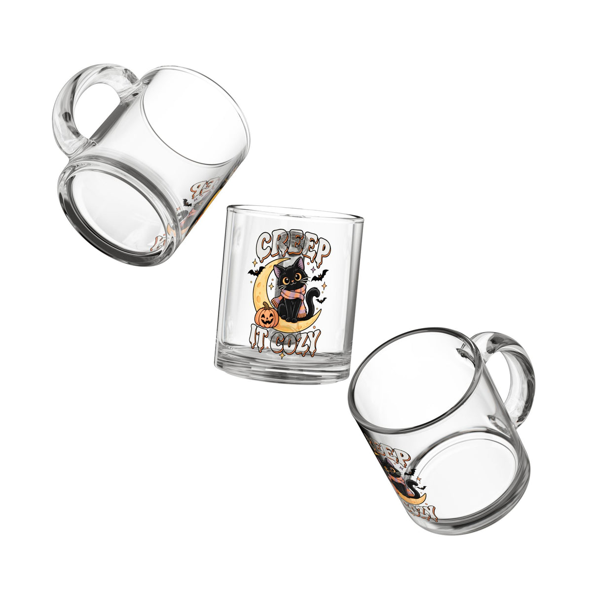 Creep It Cozy Glass Mug — Halloween Black Cat, Pumpkin & Moon 10oz