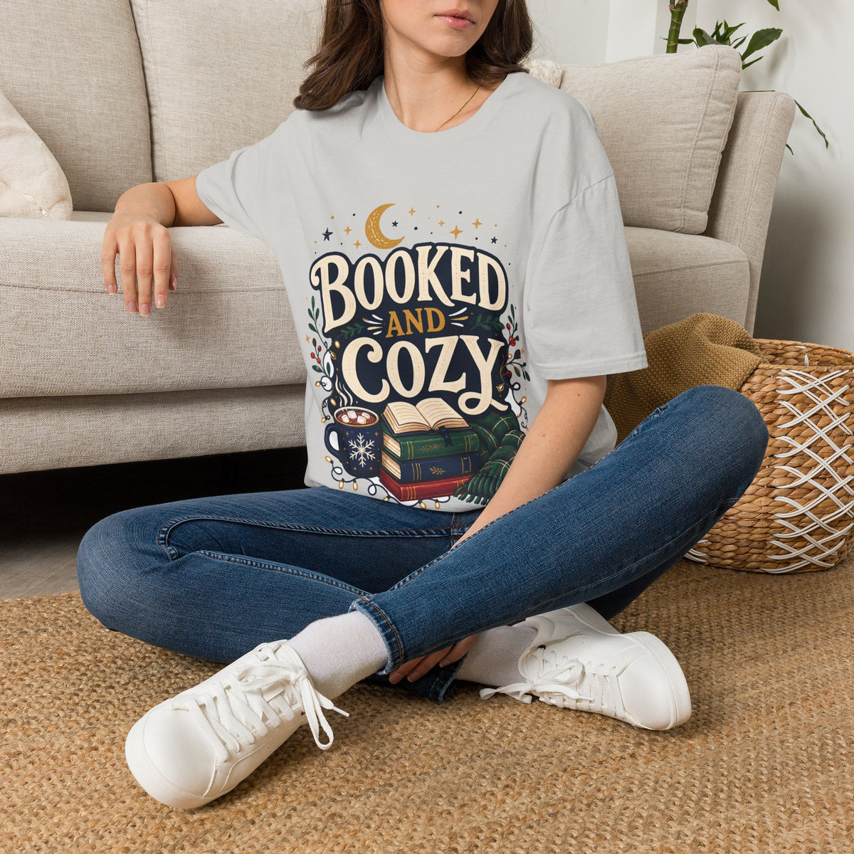 Booked and Cozy T-Shirt — Cozy Reading Graphic Tee (Books, Moon & Stars)