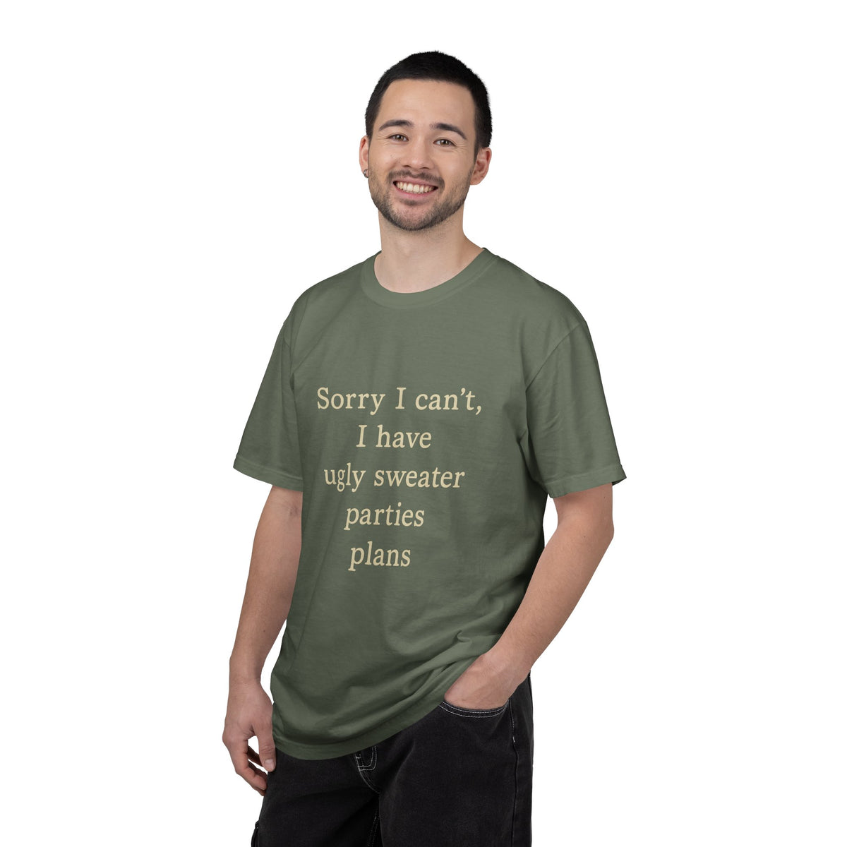 Funny Holiday Party Tee — "Sorry I can't, I have ugly sweater parties plans" T-Shirt - Trending Now - October 2026