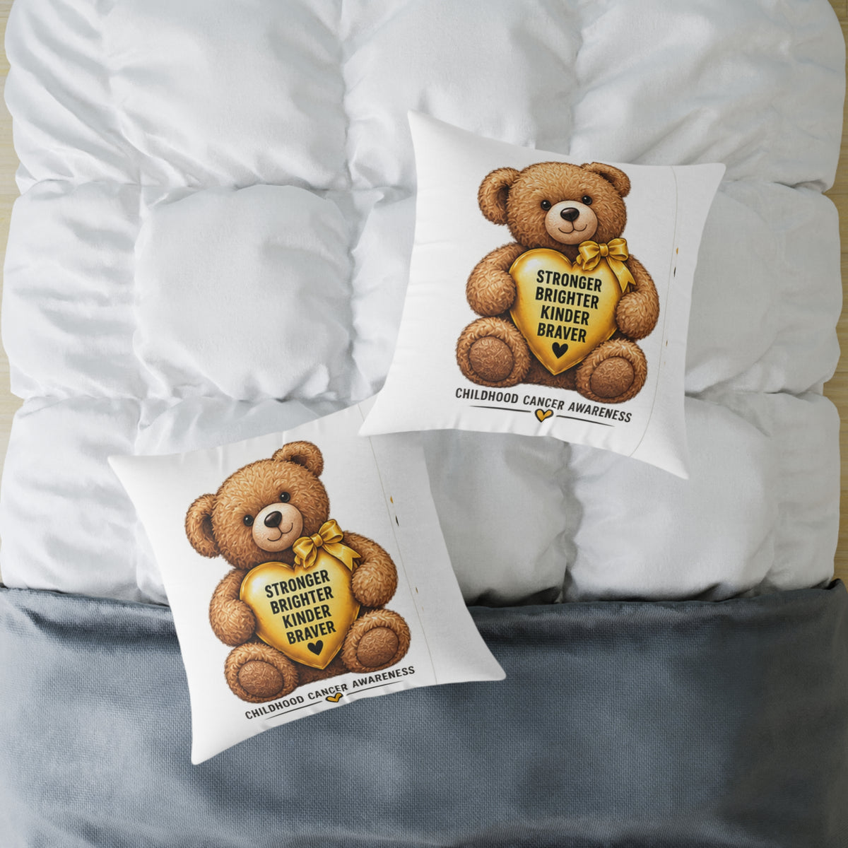 Childhood Cancer Awareness Teddy Bear Pillow — "Stronger Brighter Kinder Braver" Square Throw Pillow