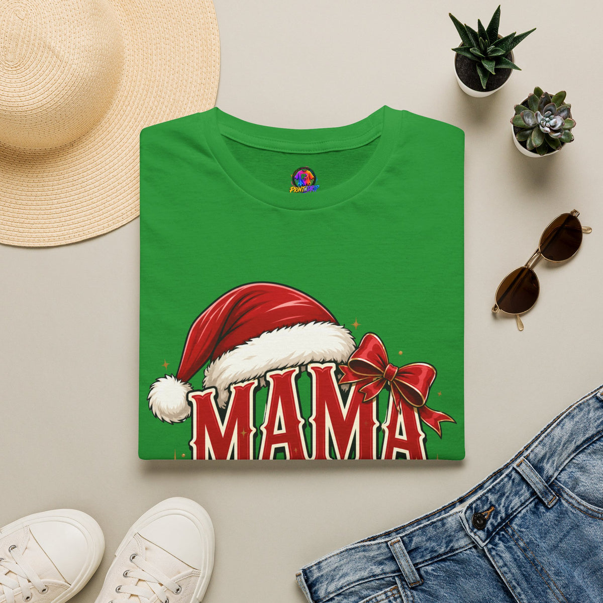 Mama Claus T-Shirt — Festive Christmas Mom Tee with Santa Hat & Bow