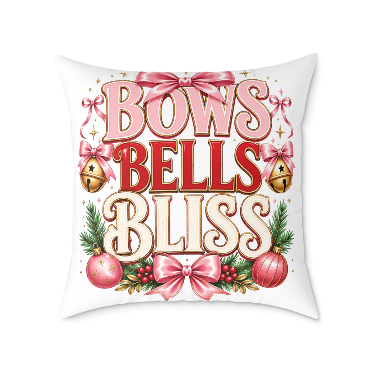 Christmas Bows Bells Bliss Square Poly Canvas Pillow