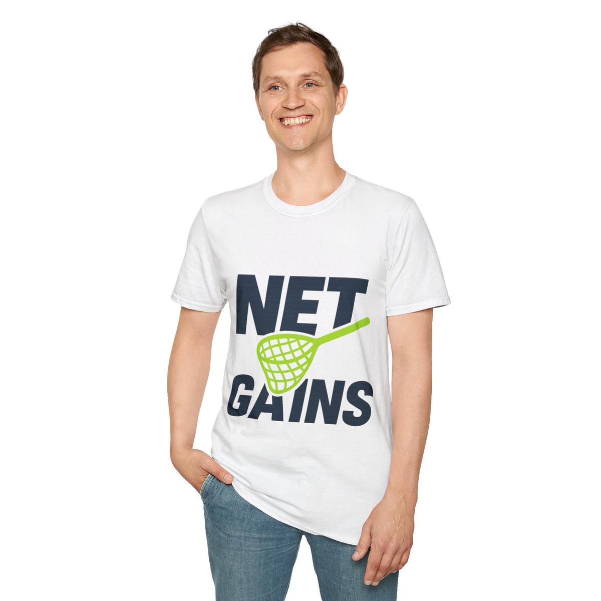 "Net Gains" Funny Tennis Pun Tee - Cute Bold Text Retro Athletic White T-Shirt - Trending Now - September 2026