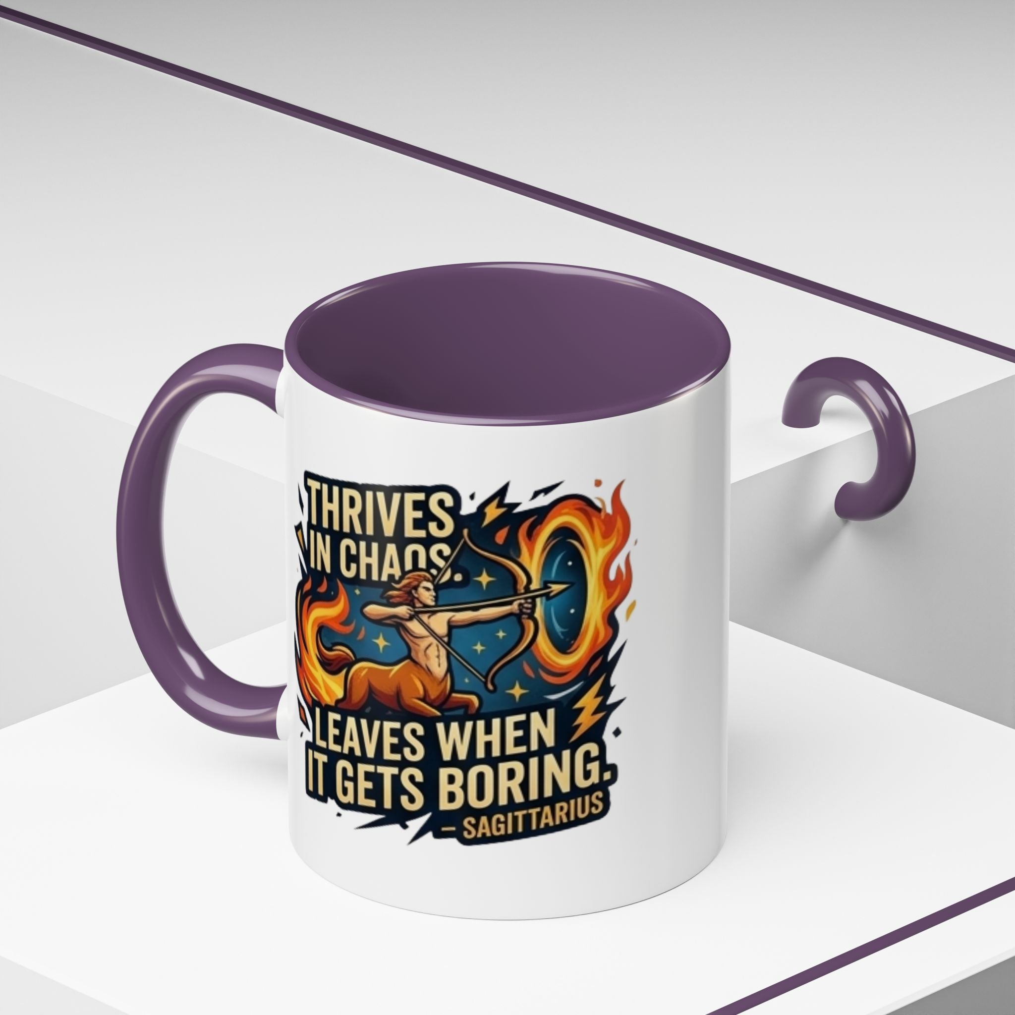 Sagittarius Coffee Mug – "Thrives in Chaos, Leaves When It Gets Boring" Accent Mug