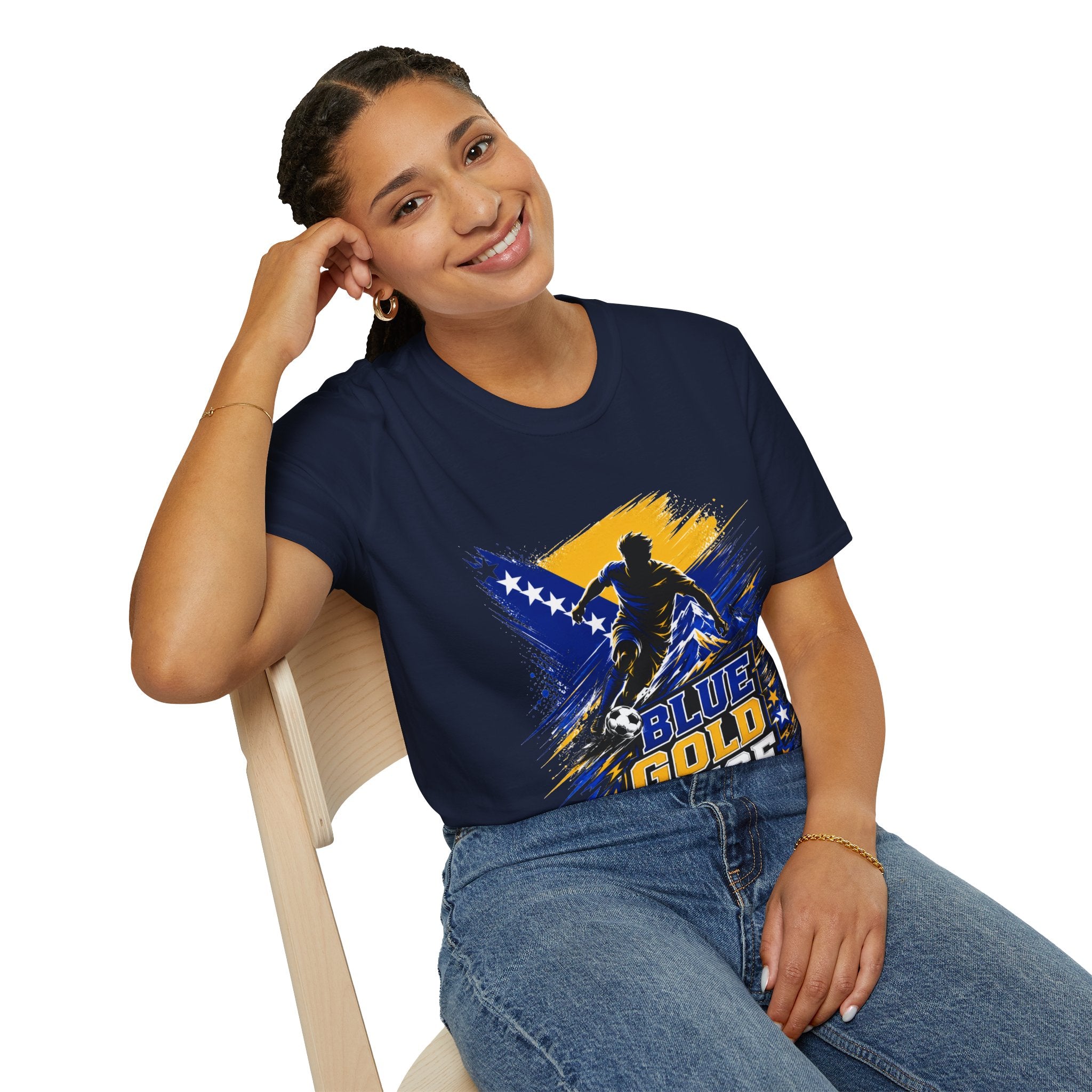 Bosnia Football T‑Shirt - "Blue Gold Rise" Soccer Graphic Tee