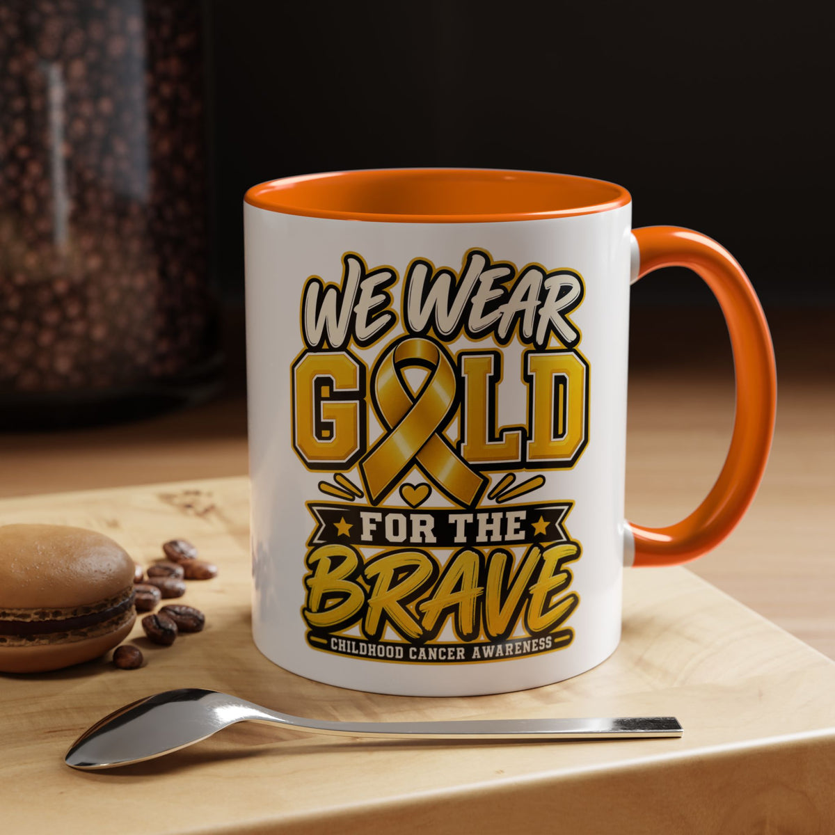Childhood Cancer Awareness Accent Coffee Mug – "We Wear Gold for the Brave" (11/15 oz)