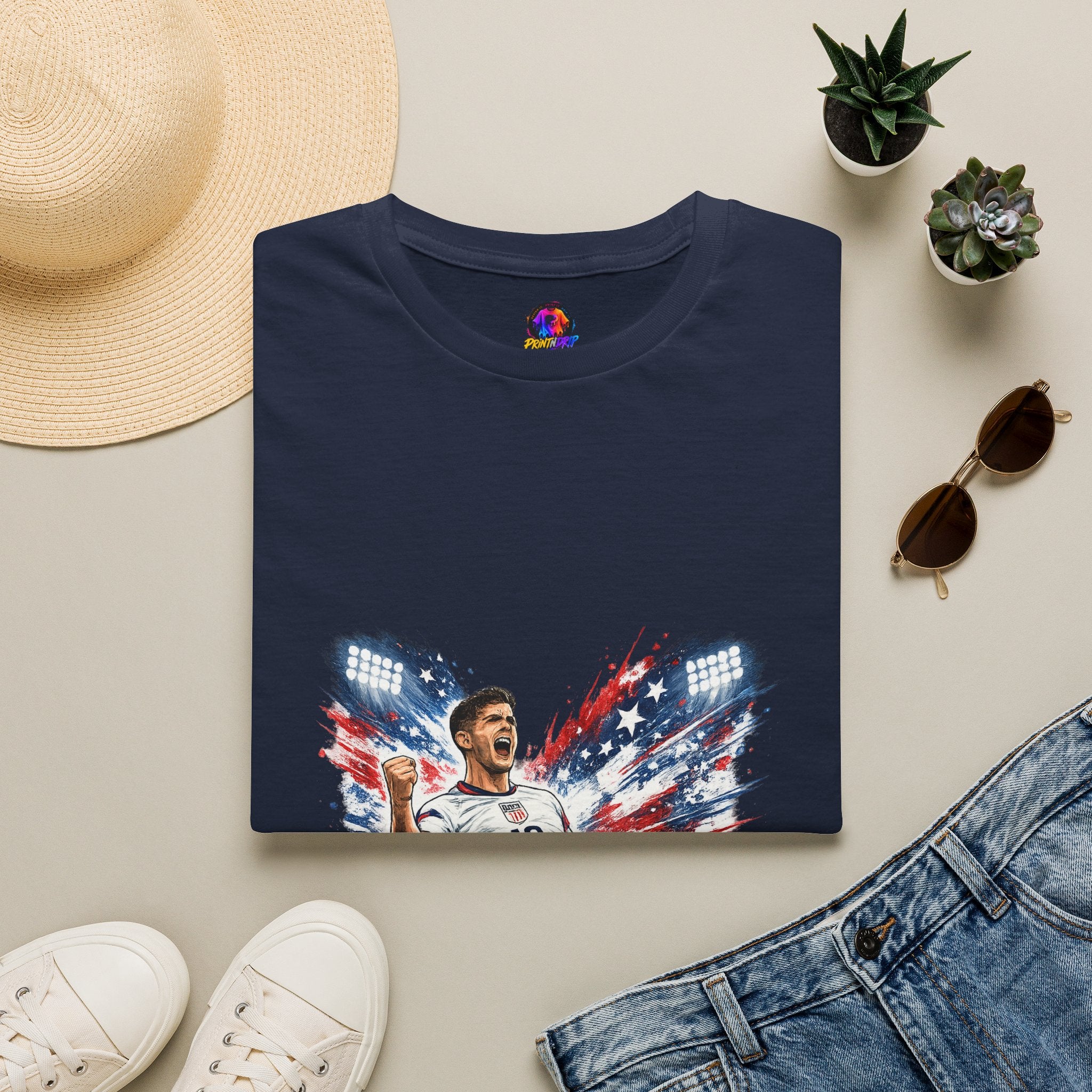 USA Soccer Player Flag T-Shirt — Patriotic Football Fan Tee