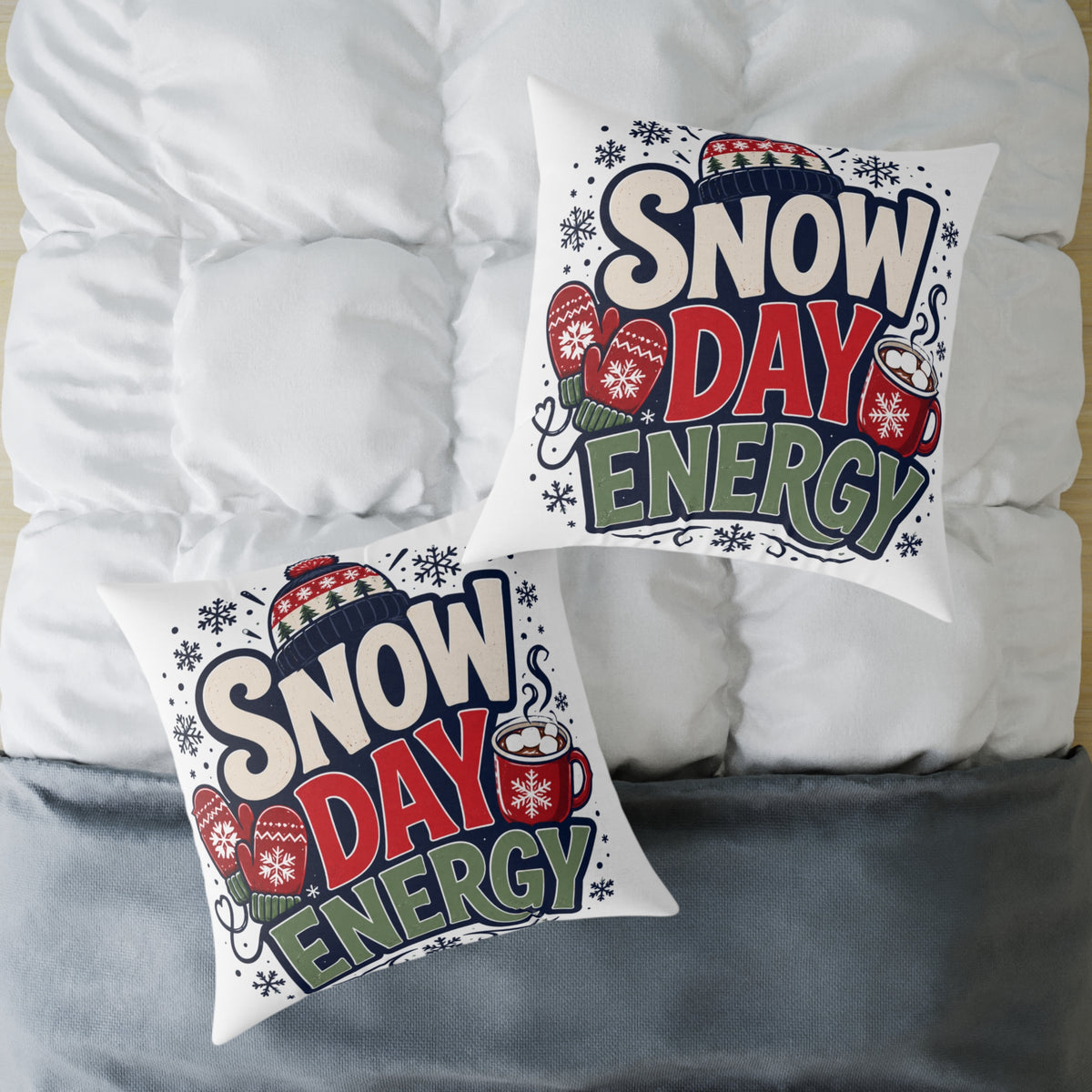 Christmas Snow Day Energy Pillow — Cozy Winter Decorative Throw Pillow with Holiday Mug & Mittens Design
