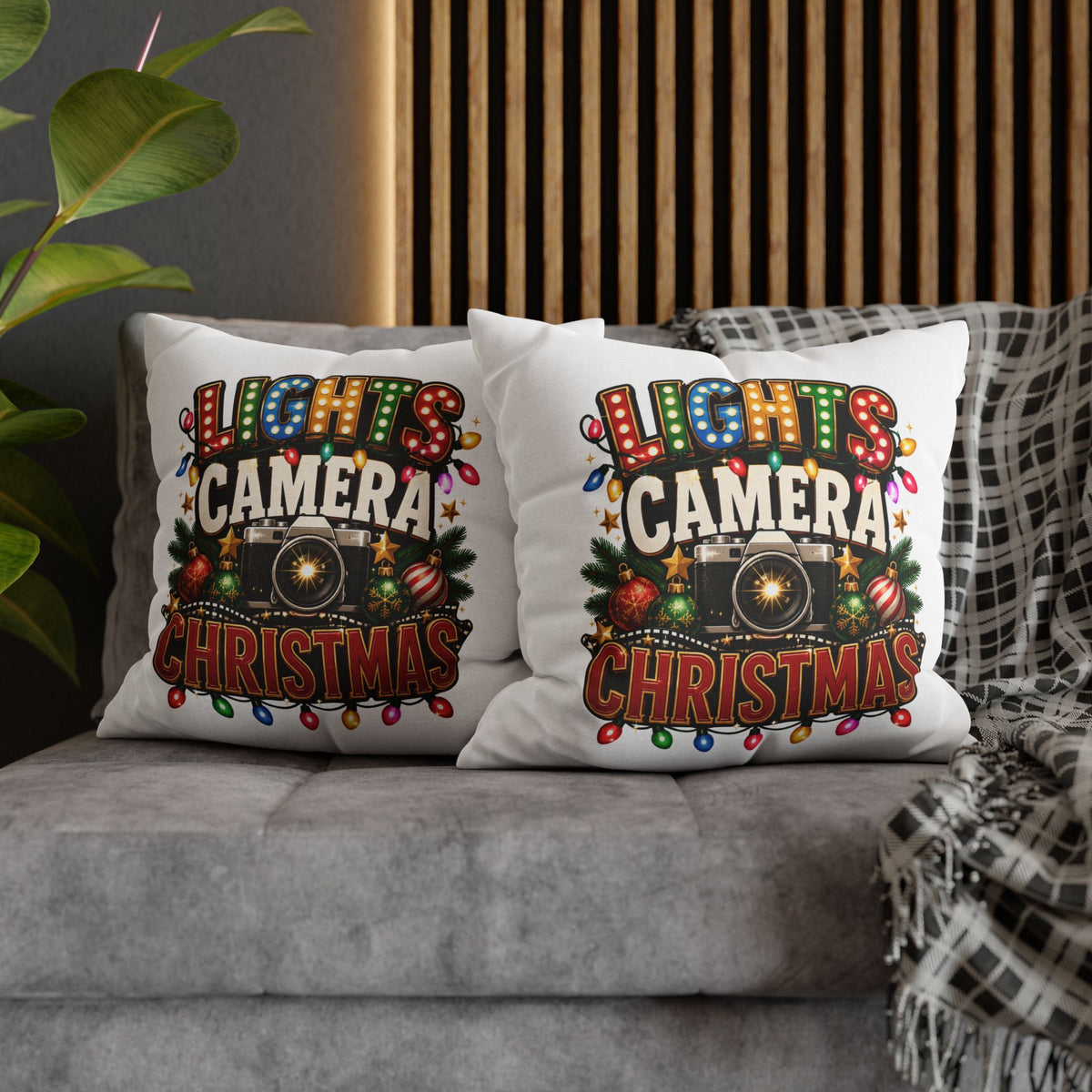 Christmas Photographer Pillowcase – “Lights Camera Christmas” Decorative Throw Pillow