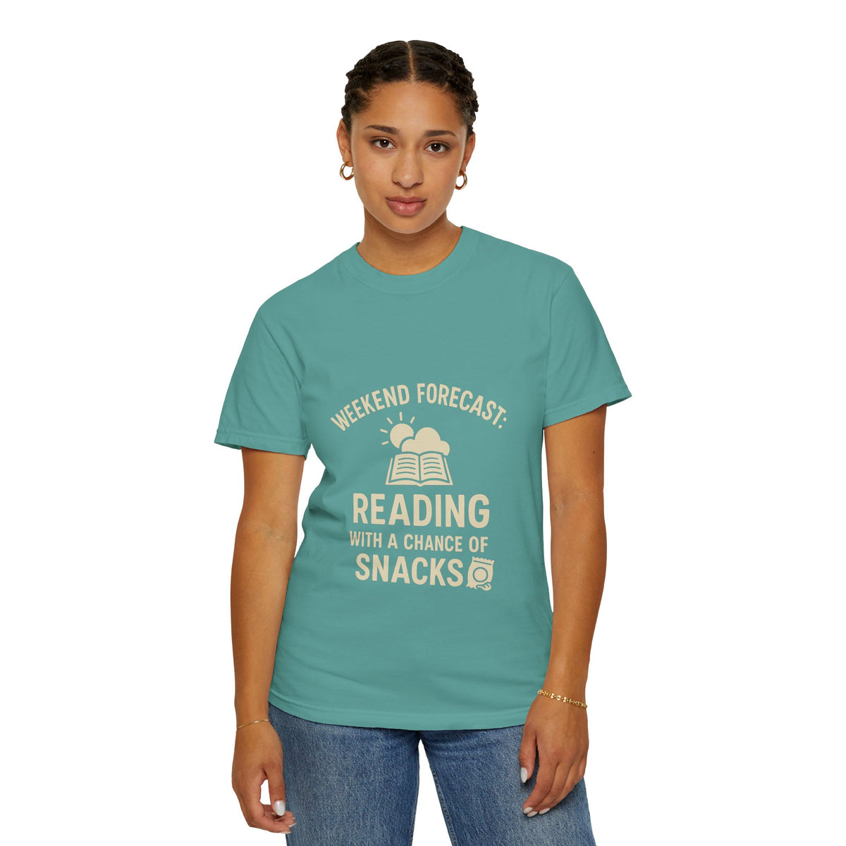 Reading & Snacks T-Shirt — "Weekend Forecast: Reading with a Chance of Snacks" - Trending Now - October 2026