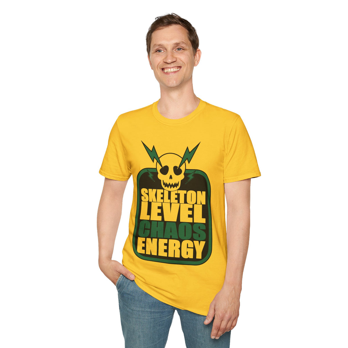 Skeleton Level Chaos Energy Green Badge T-Shirt - Edgy Alt Streetwear Graphic Tee - Trending Now - September 2026