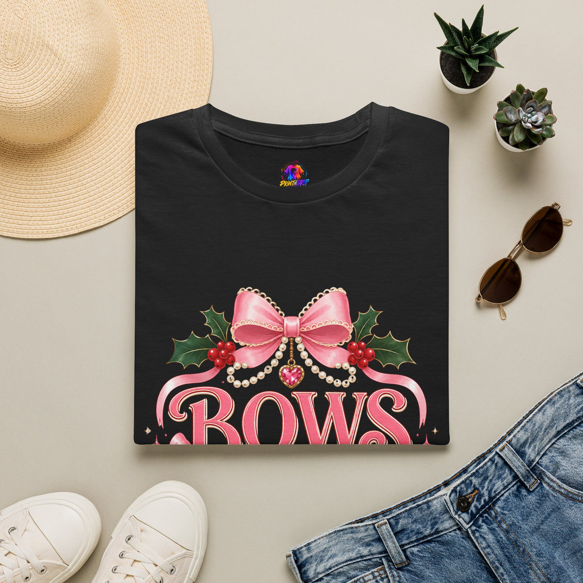 Bows and Mistletoe T-Shirt — Pink Holiday Bow Christmas Tee