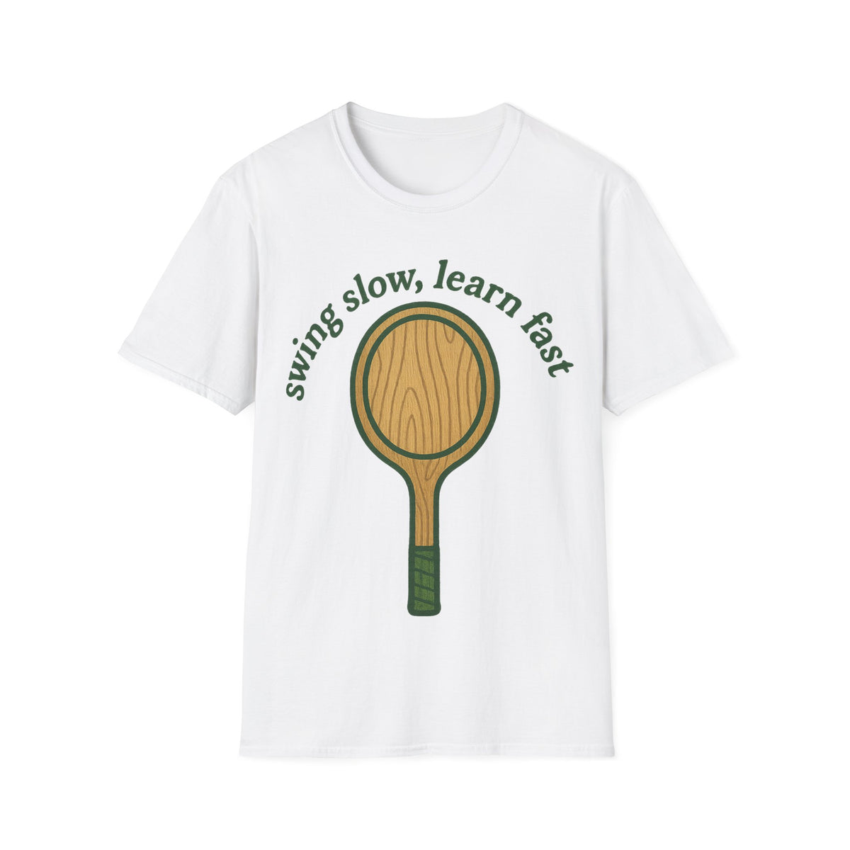 "Swing Slow, Learn Fast" Vintage Tennis Racket Tee - Aesthetic Retro Sports Mindfulness White T-Shirt - Trending Now - September 2026
