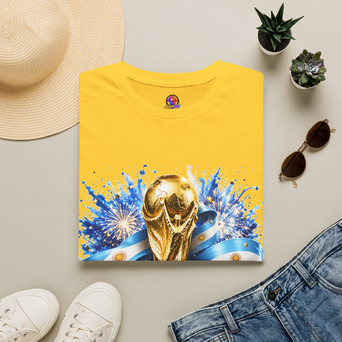 Argentina World Cup Champions T-Shirt — Gold Trophy Celebration Tee
